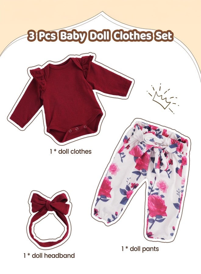 BABESIDE 3 Pcs Reborn Baby Doll Clothes for 17-22 Inch Babydolls, Floral Patterns Lifelike Baby Doll Accessories for Realistic Baby Dolls Girl, Wine Red - Image 5